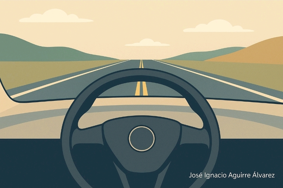 Ilustración de un volante en una carretera abierta